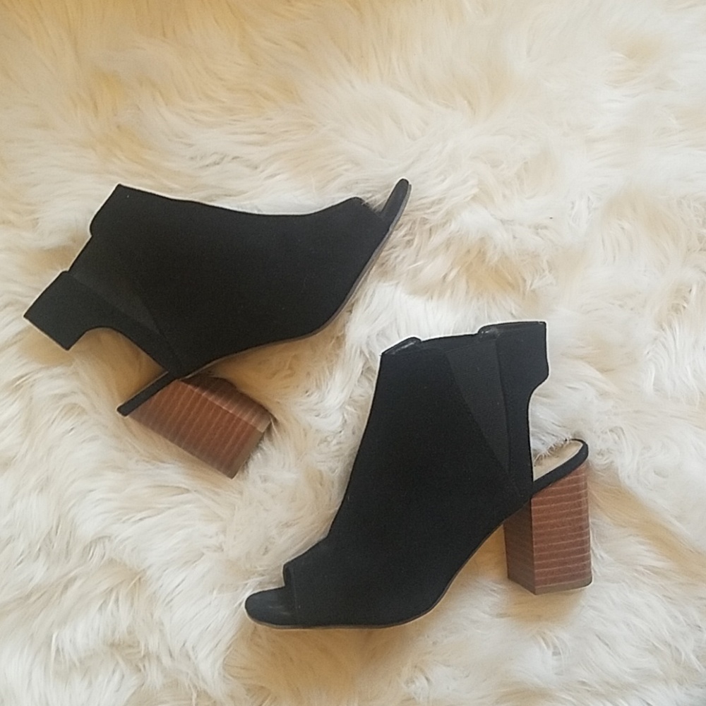 Open toe faux suede block heel booties 8 in black
